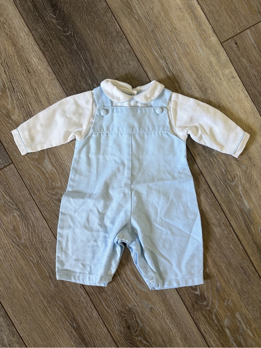 Petit Ami Light Blue Gingham Romper with White Bodysuit